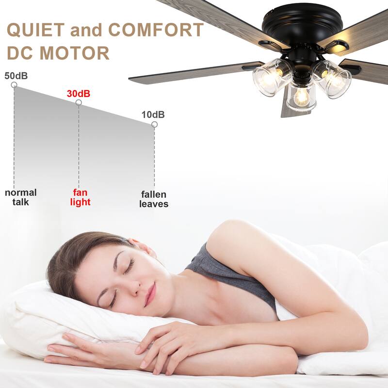 Bella Depot 52" 3-Light Brown Flush Mount Ceiling Fan with Light and Remote Control 6-speed Reversible Timer DC Motor