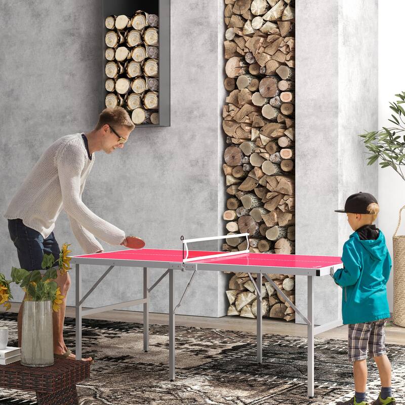 Soozier Mini Ping Pong Table Set for Outdoor and Indoor, Foldable Table Tennis Table with Net, 2 Paddles, 3 Balls, Adjustable - Red