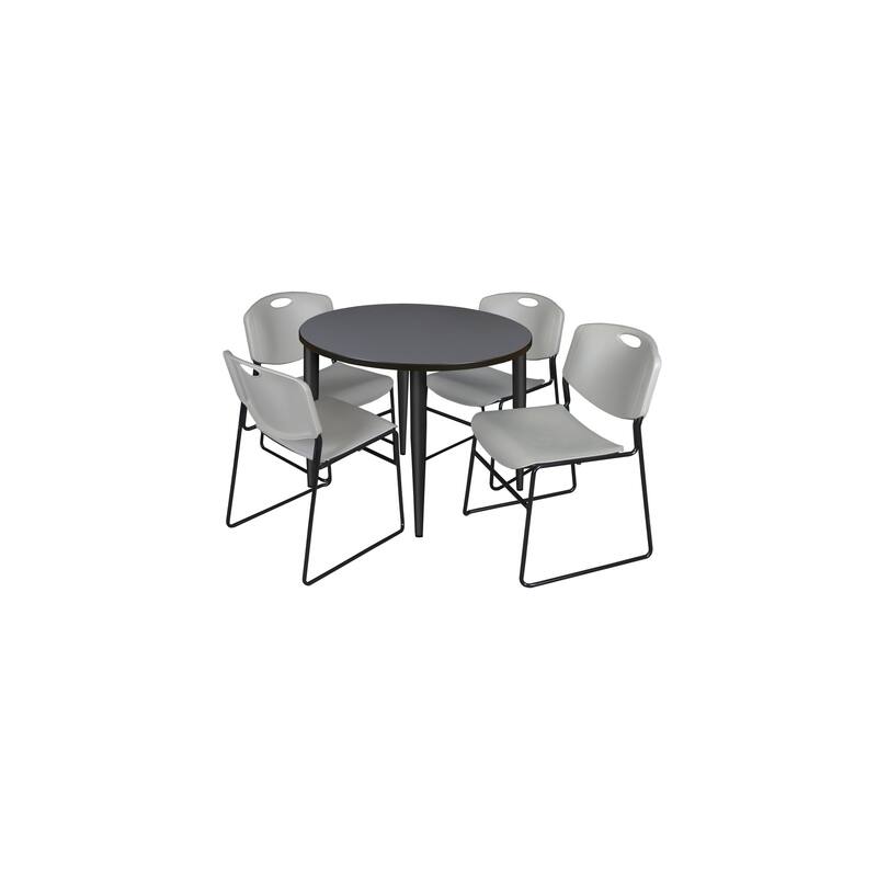 36 in. Round Breakroom Table- Grey Top, Black Base & 4 Stack Chairs- Grey