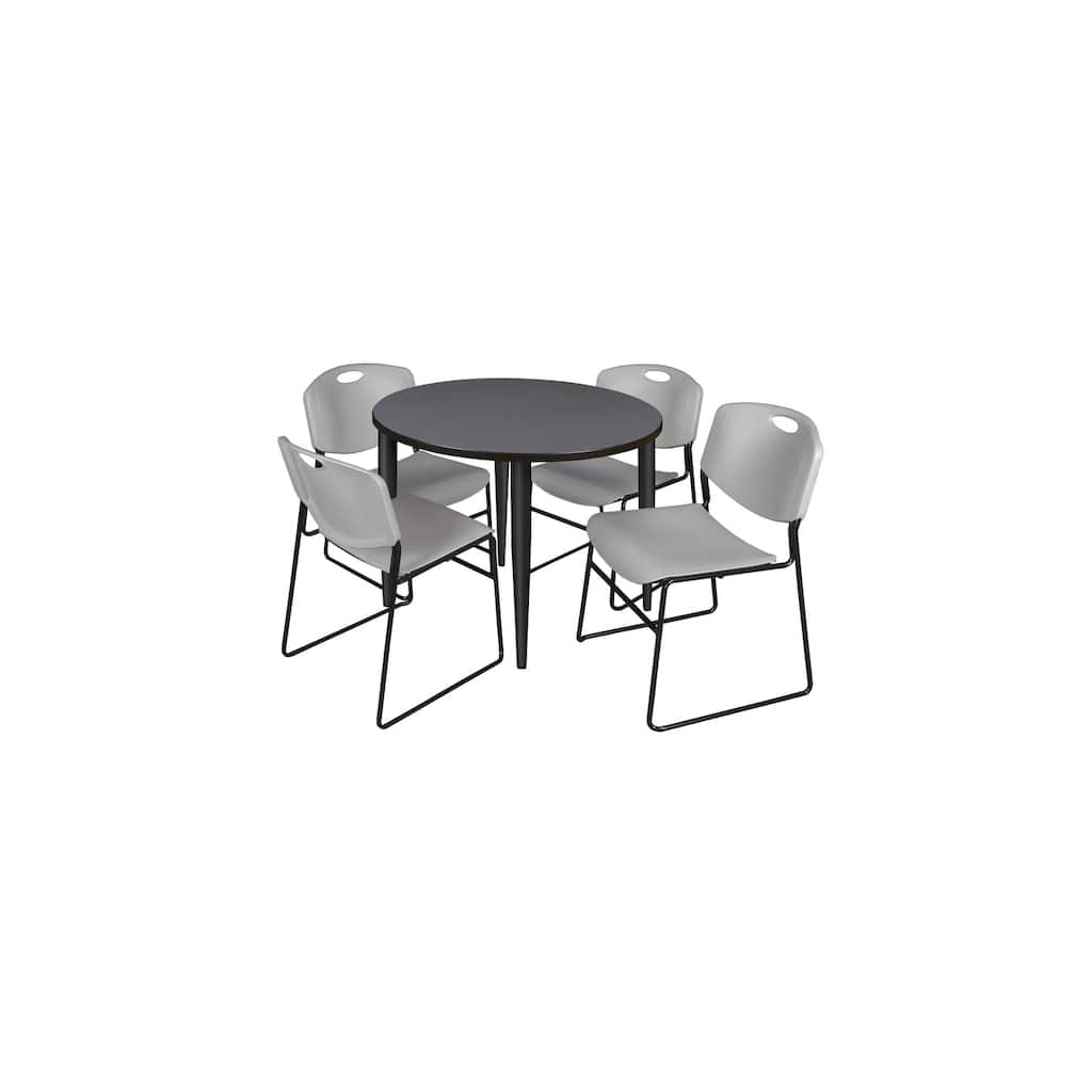 42 in. Round Breakroom Table- Grey Top, Black Base & 4 Stack Chairs- Grey