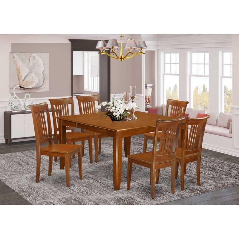 HomeStock 7-Piece Square Saddle Brown Finish Solid Wood Top Dining Table with 6-Chairs with Lattice Back