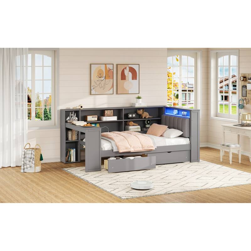 Wood Daybed Twin Size Platform Bed with Storage Shelves, Drawers, Charging Station, Desk, LED and Upholstered Cushion Headboard