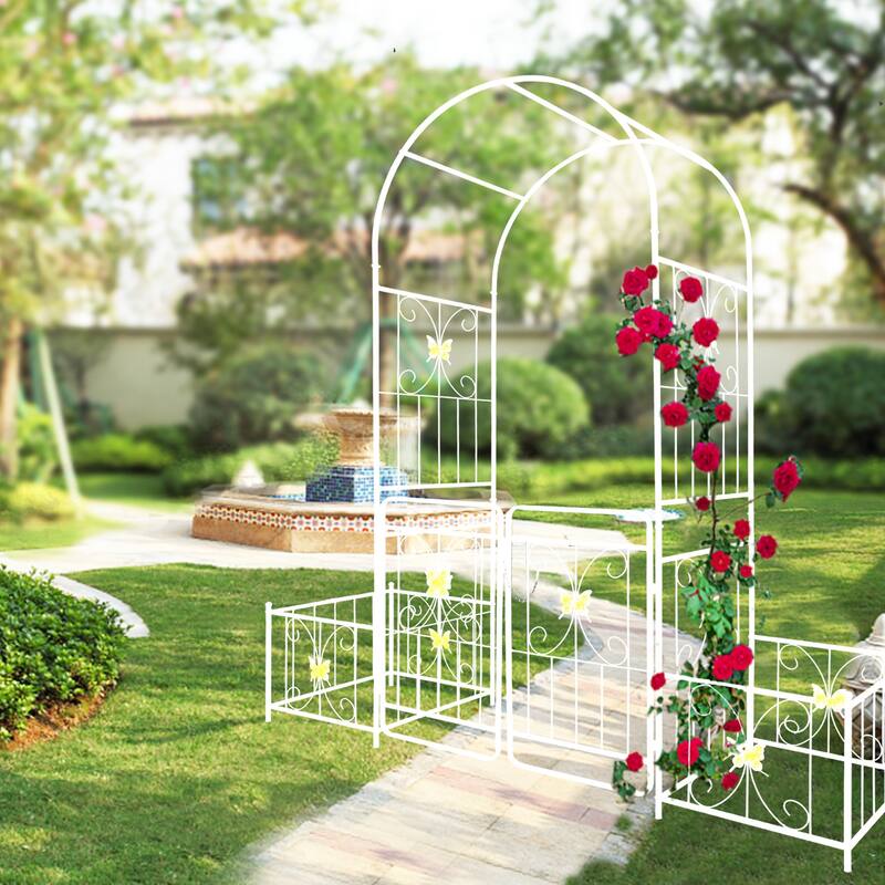 Metal Garden Arch with Gate 79.5'' Wide x 86.6'' High Climbing Plants Support Rose Arch Outdoor Cream
