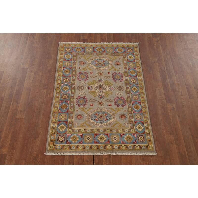 Geometric Red Kazak Accent Rug Hand-Knotted Wool Carpet - 3'2" x 4'8"