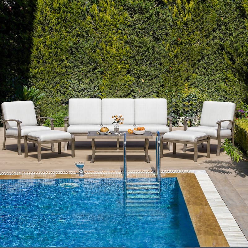 6-Piece Aluminum Patio Conversation Set with Coffee Table,Sofa, Ottoman and Light Gray Cushions