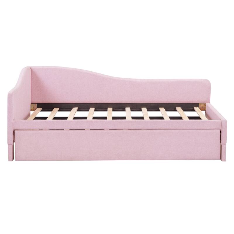 Twin Size L-Shaped Upholstered Daybed with Pull-Out Trundle, Linen Fabric, Convertible to Irregular King