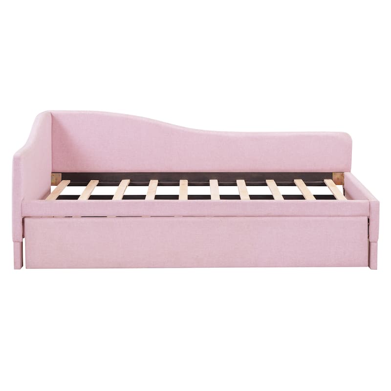 Twin Size Upholstered L-Shaped Upholstered Daybed with Pop Up Trundle, Pink