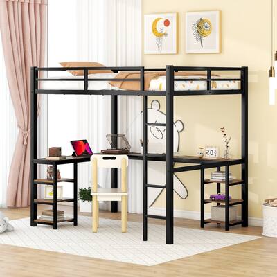 Black Full Size Metal Loft Bed with Desk and Shelves, Ladder and Guardrails, Vintage wood-colored desk