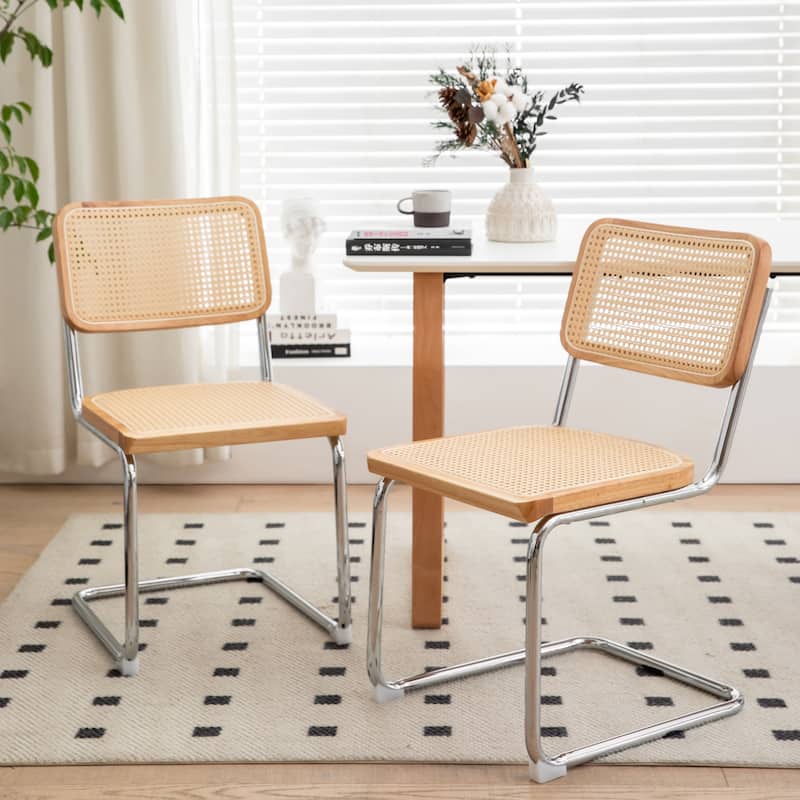 Dining Chairs Set of 2, Velvet Rattan Side Accent Chairs with Chrome Legs, Modern Mid Century Breuer Designed Chairs - Burly Wood