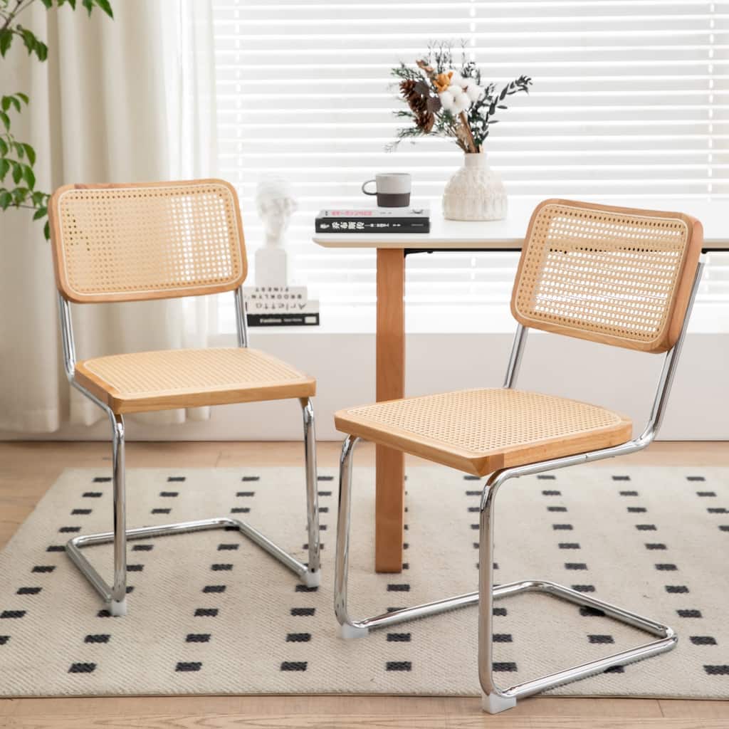 Dining Chairs Set of 2, Velvet Rattan Side Accent Chairs with Chrome Legs, Modern Mid Century Breuer Designed Chairs