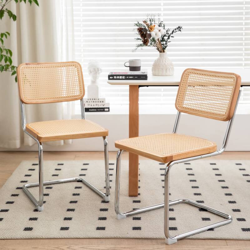 Dining Chairs Set of 2,Velvet Rattan Side Accent Chairs with Chrome Legs,Breuer Designed Chairs,Upholstered Chairs - Burly Wood