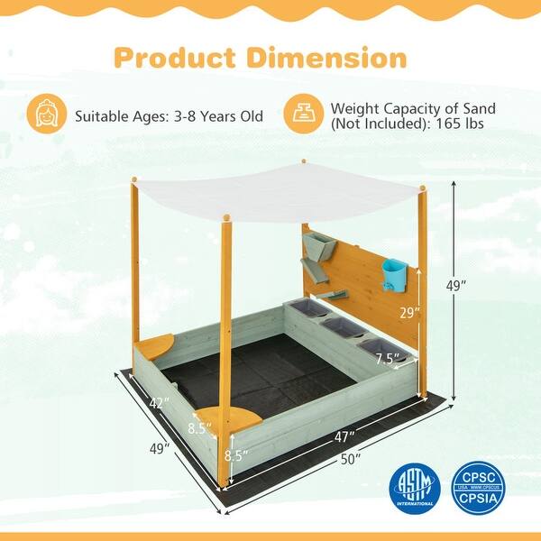 Kids Sandbox with Sand Wall w/ Removable Canopy for Kids - 47" x 42" x 49"