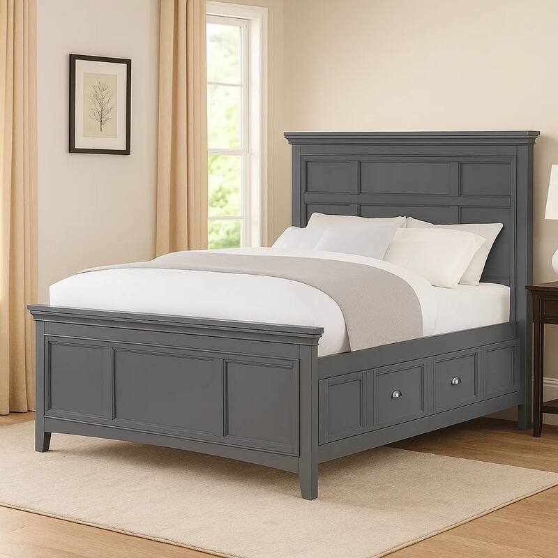 Lile Twin Bed with Crown Moulding, Storage Drawers, Gray Solid Wood