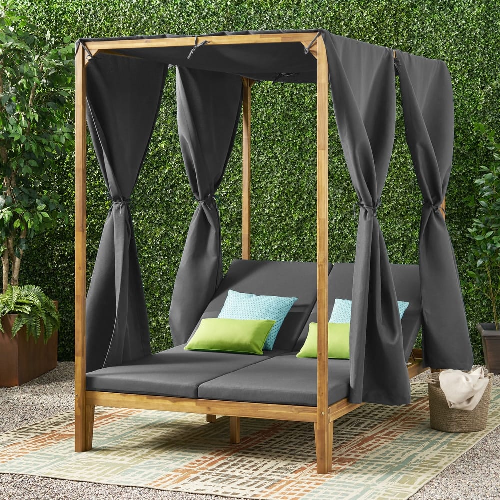 Kinzie Outdoor 2-seat Adjustable Acacia Daybed with Curtains by Christopher Knight Home - 51.25" L x 78.75" W x 78.75" H