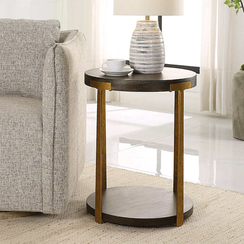 2-Tier Round Wooden Side Table - 24" - Brown and Gold