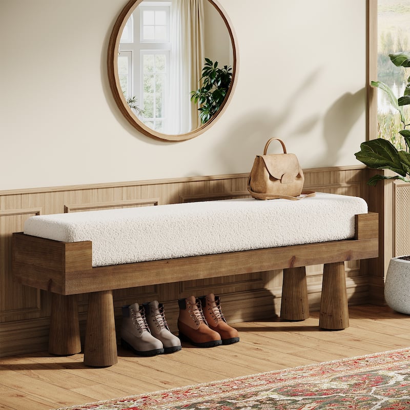 Solid Wood Bench with Cushion, 47.2'' Modern Bench for Bedroom Entryway - White & Brown