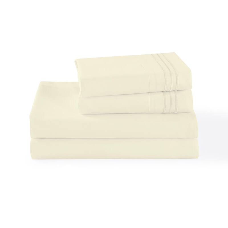 3/4 Pcs Soft Solid & Embroidery Bed Sheets Set - King - Cream