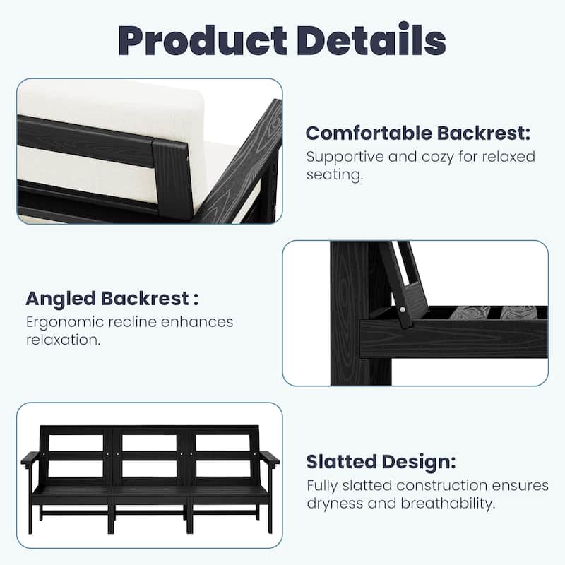 Outdoor Patio HDPE 3-Seat Sofa, 3 Removable Cushions Included