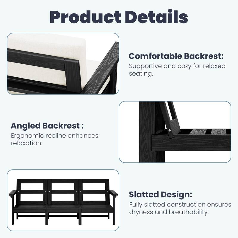 Outdoor Patio HDPE 3-Seat Sofa and Coffee Table Set, Removable Cushions Included