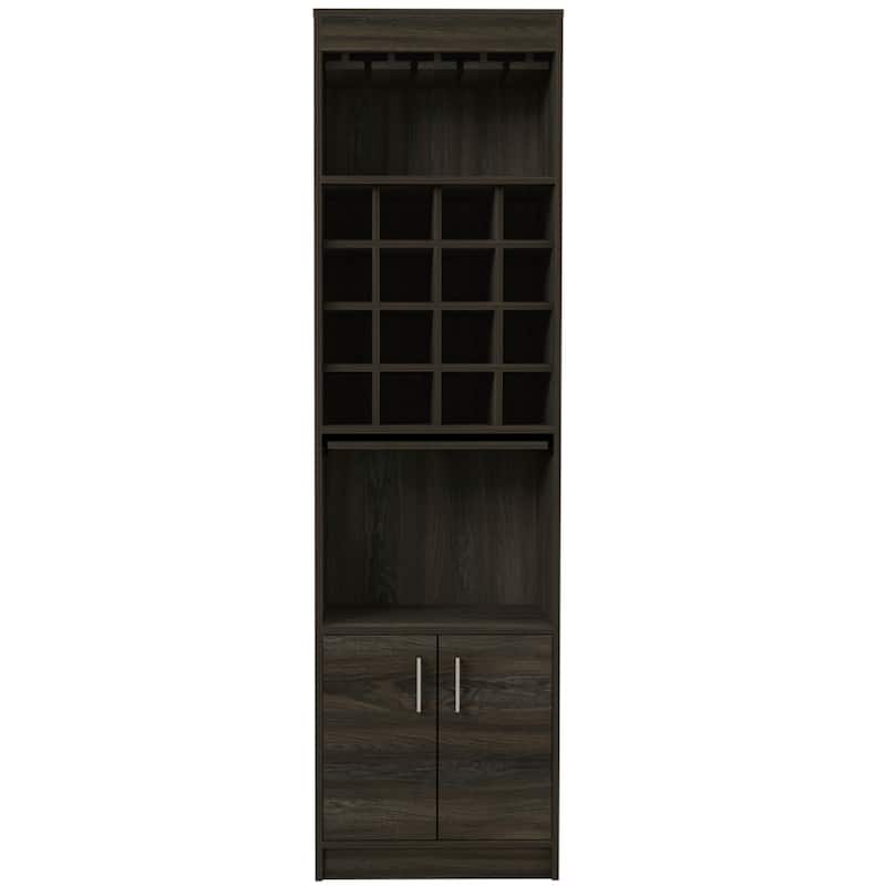 TUHOME Kava Bar Cabinet with 16 Wine Cubbies, 12 Glass Racks, 1 Shelf, Concealable Serving Tray, and Double Door - N/A