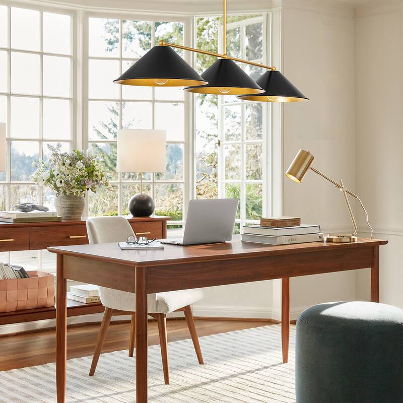 3-Light Mid-Century Modern Black/White Linear Cone Large Chandelier for Dining Room and Kitchen Island