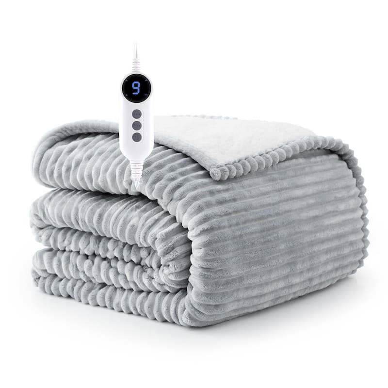 Reversible Flannel & Sherpa Electric Blanket, Heated Throw with Temperature and Timing Functions of a Controller - 62"*84" - Light Grey