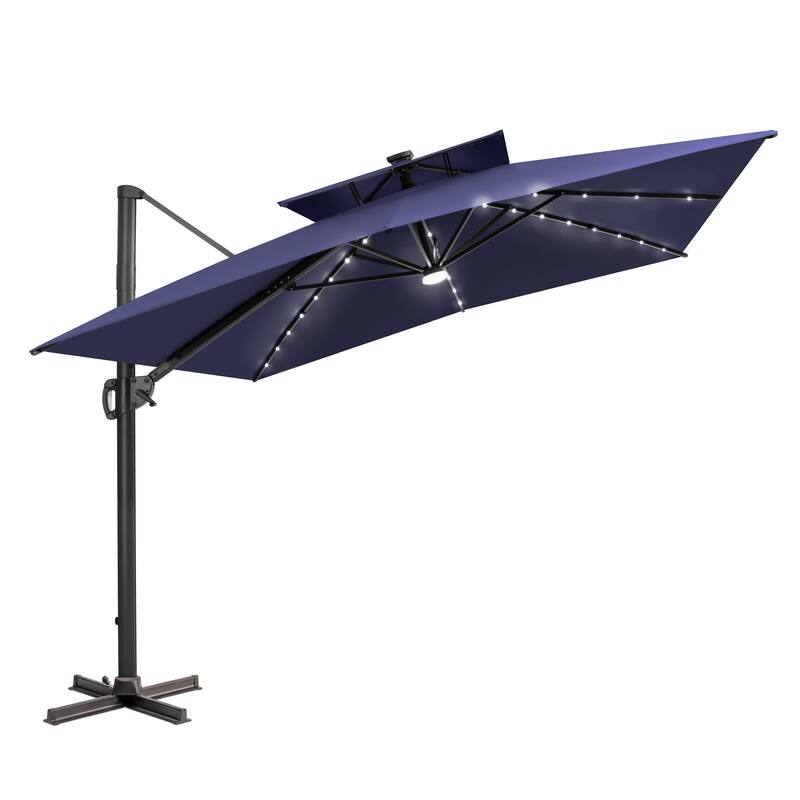 12 x 9 FT Outdoor Patio Cantilever Umbrella with Solar Lights Double Canopy 360 Rotation Tilt