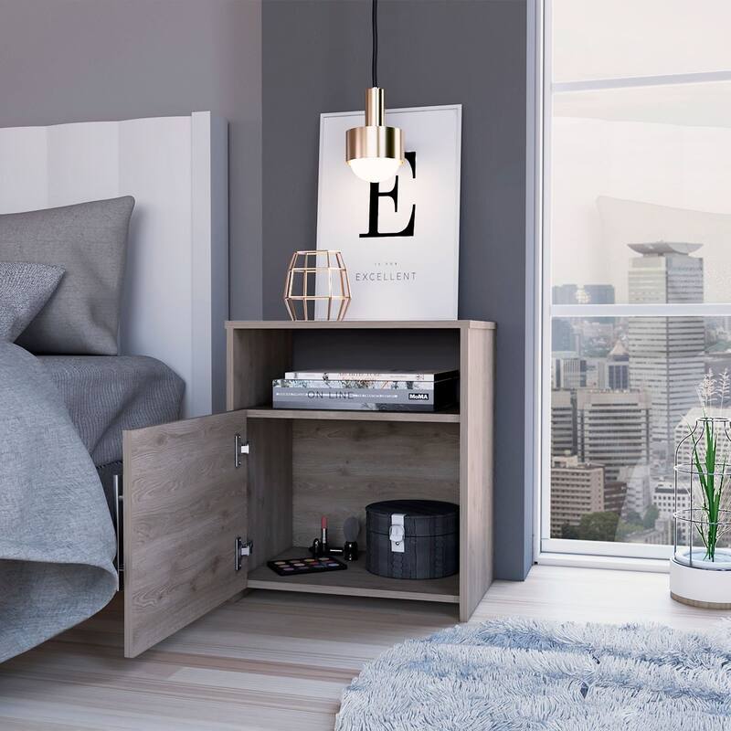 Modern Light Gray Nightstand with Single Door, Metal Handle and Shelf - Easy Assembly