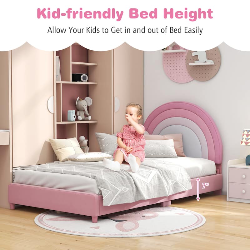 Gymax Kids Twin Platform Bed Frame Upholstered Twin Size Bed w/ Wooden