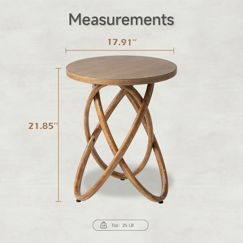 COZAYH Farmhouse End Table Round Wood Side Table Rustic Plant Stand With Intertwined Line Design