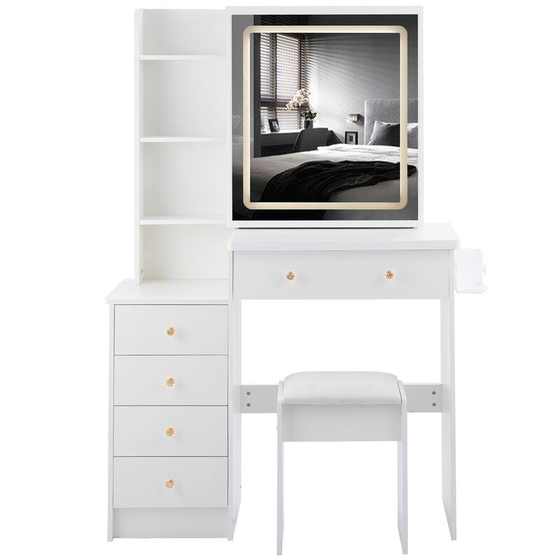 Vanity Table with Control LED Sliding Mirror, Dressing Table Set with USB Power Station, Makeup Stool with Hair Dryer Stand
