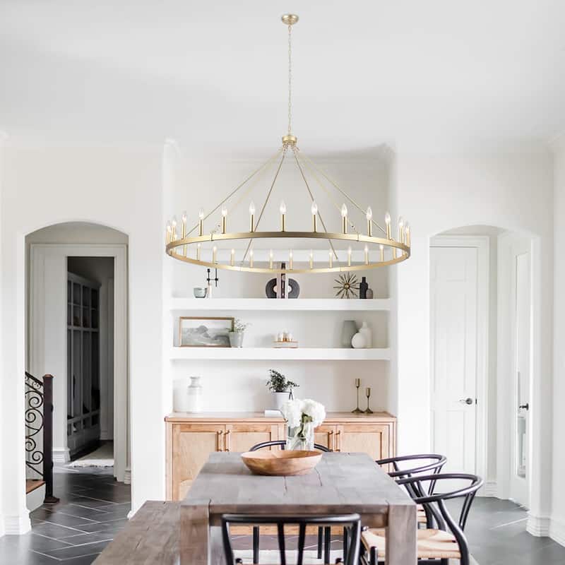 Vyolette 60 in. 30-Light Extra Large Farmhouse Round Wagon Wheel Chandelier, Classic Dining Room Living Room Chandelier