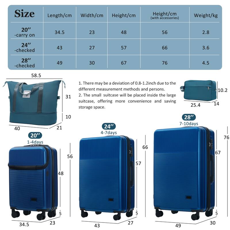 Luggage Sets 5 Piece with Half-opening, Hardside Carry On Suitcase Set with Double Spinner Wheel, with USB Port,TSA Locks