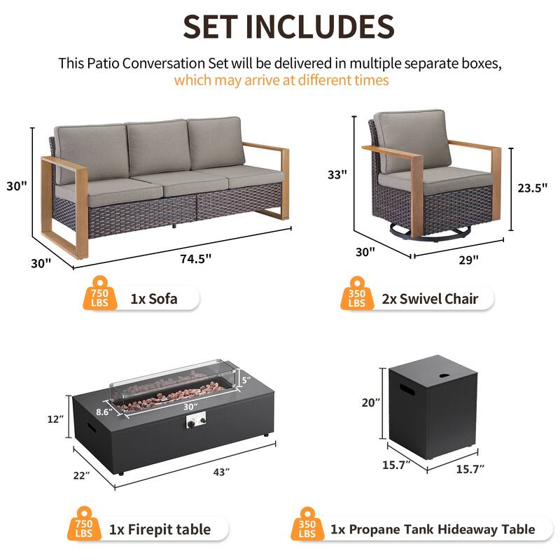 Pocassy Outdoor Sofa Swivel Chair Ottoman w/ 43" Fire Pit Set