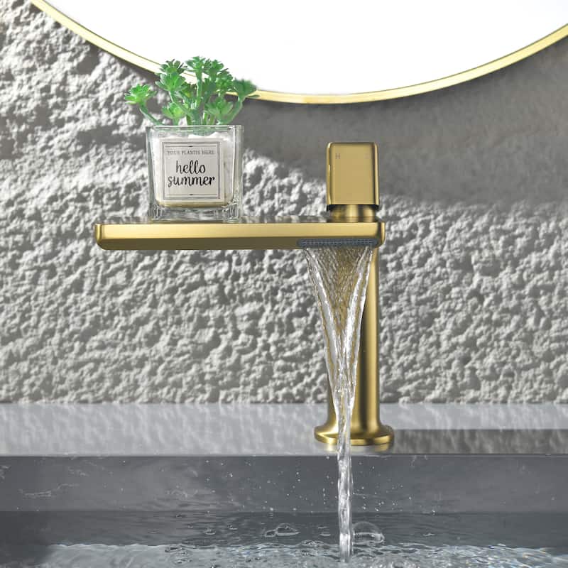 7.75"H Brass Waterfall Bathroom Sink Faucet, Vanity Single Handle One Hole Basin Modern Lavatory Faucet