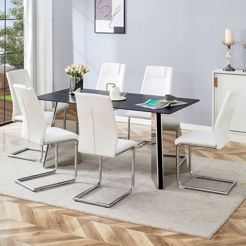 Roomfitters 5/7pcs Marble Pattern Dining Table Set with Stainless Butterfly Legs and PU Upholstered Chairs, White