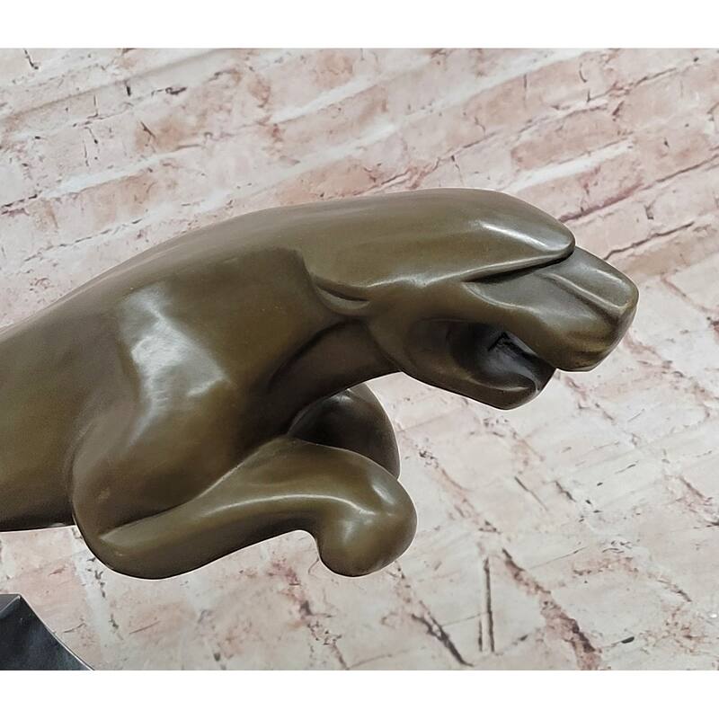 Art Deco Style Leaping Panther Bronze Sculpture On Marble Base