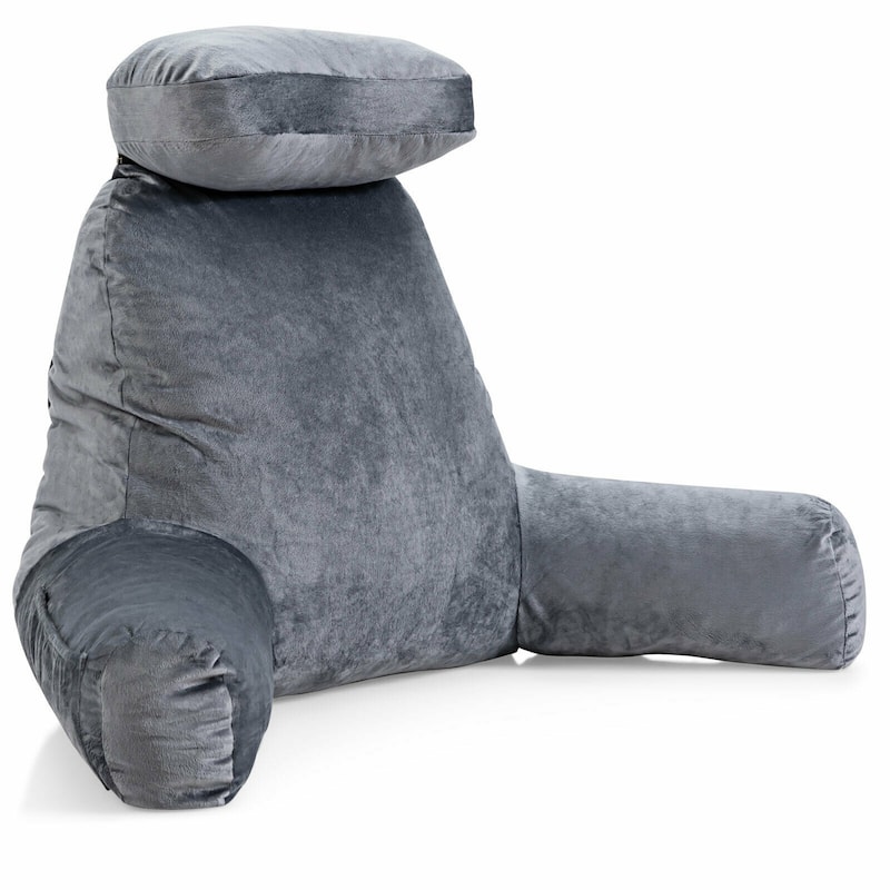 Gymax Reading Pillow TV Bed Rest Memory Foam with Arms Rests Neck Roll - Grey