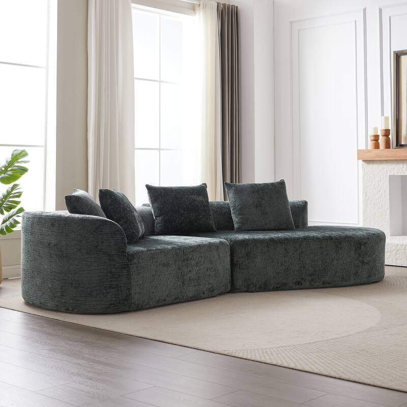 Curved Upholstered Loveseat Sofa Chenille Cloud Couch 4-Seater Chaise Lounge with 4 Throw Pillows for Living Room Recliner