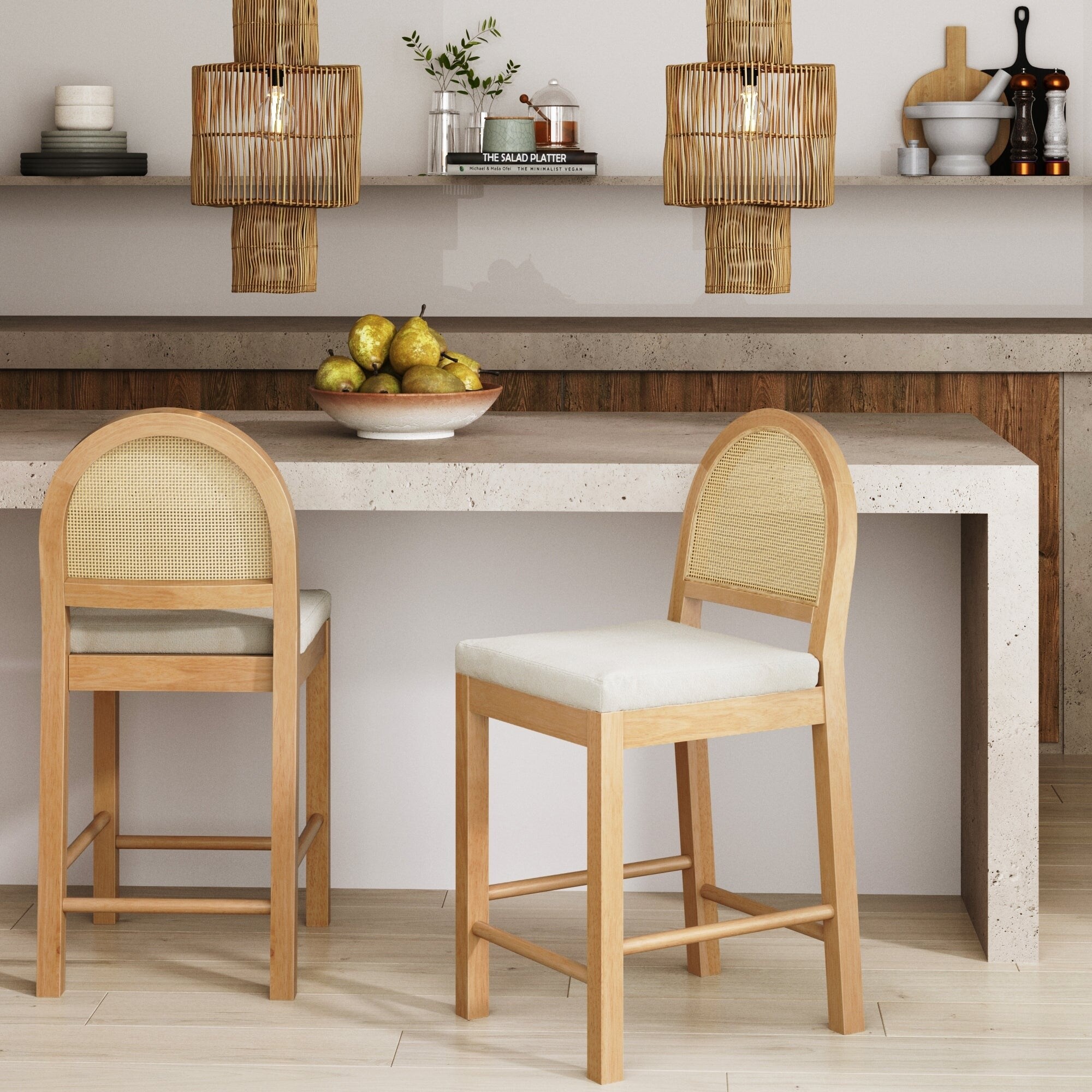 Bailey Boucle Upholstered Rattan Bar Stool or Counter Height Stool with Natural Rattan Woven Back For Kitchen Island Bed Bath Beyond 37593703