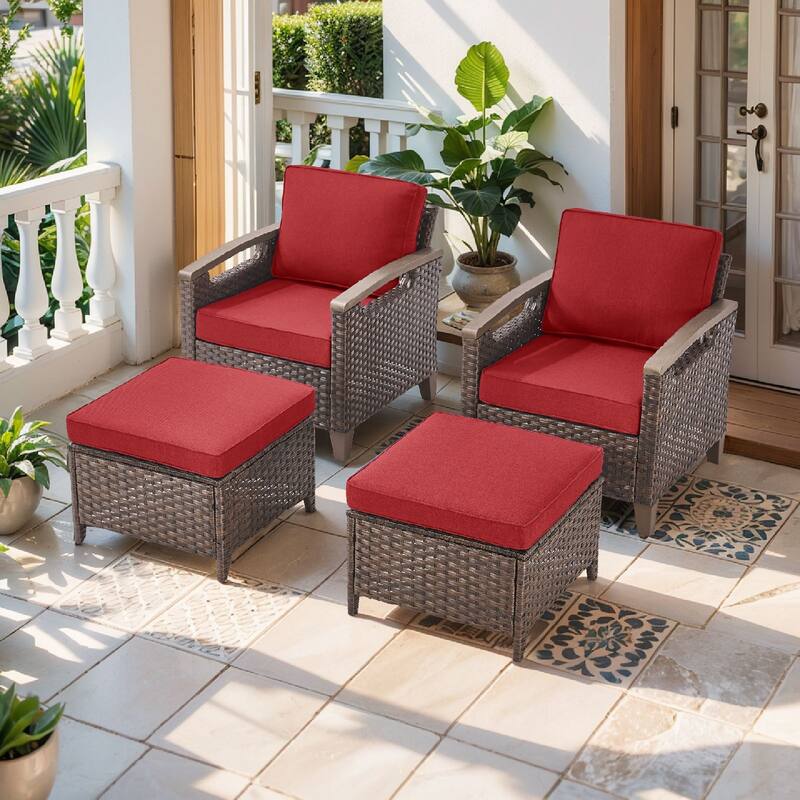 Pocassy Outdoor Brown Wicker Funitre with Cushion Set - Red Cushion - 2 Club Chairs with 2 Ottoman Set