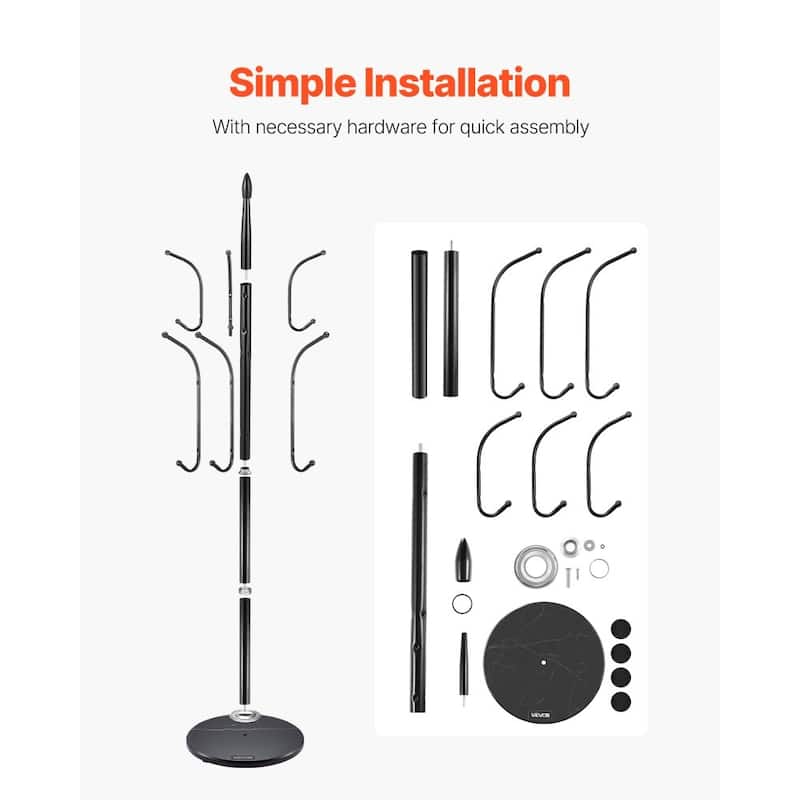 Black Freestanding 6 Hooks Coat Rack with Marble Base and Sturdy Carbon Steel Stand for Entryway - 14.57” x 14.57” x 70.87”