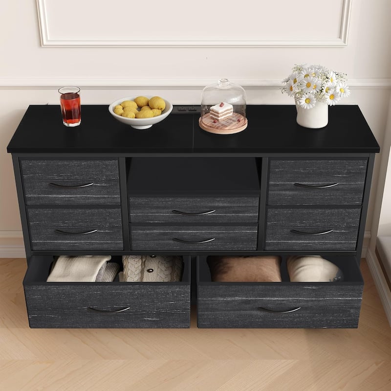 8-Drawer Fabric TV Stand with LED Lights & Built-in Power Outlets