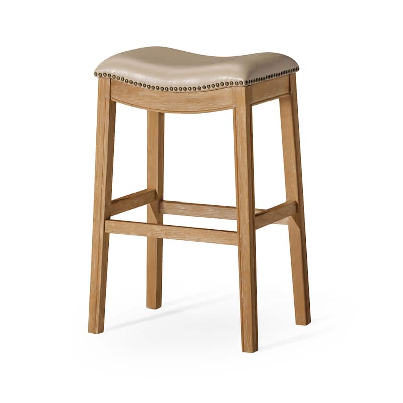 Maven Lane Adrien Saddle Kitchen Dining Stool - Weathered Oak Vegan Leather - Bar Height