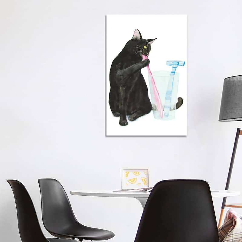 iCanvas "Black Cat Brushing Teeth" by Alexey Dmitrievich Shmyrov Canvas Print - 40x26x1.5