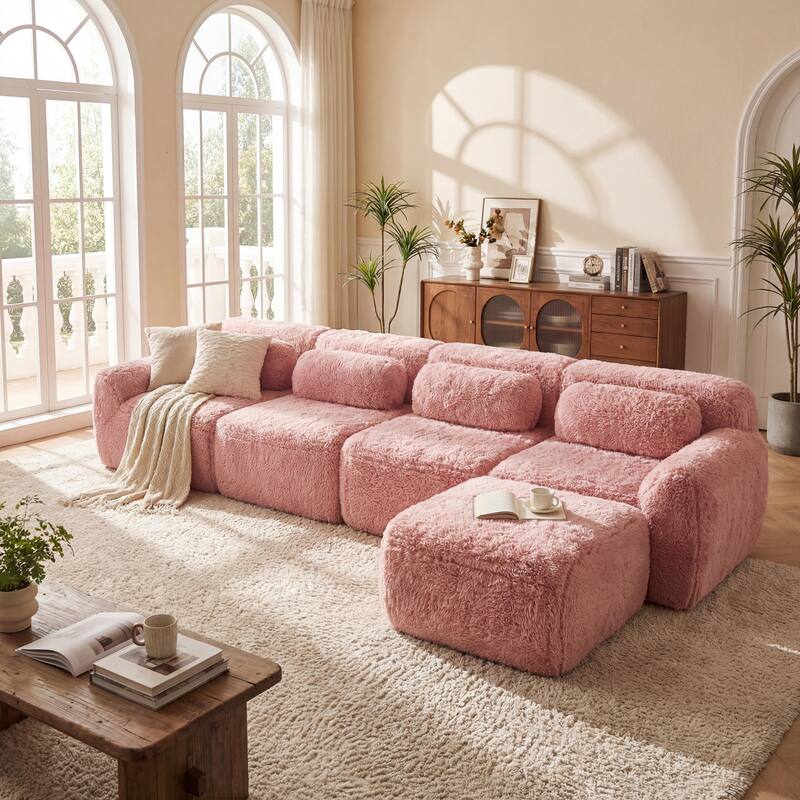Homy Casa Pink Plush Modular Sectional Sofa Set Soft Cloud Floor Couch