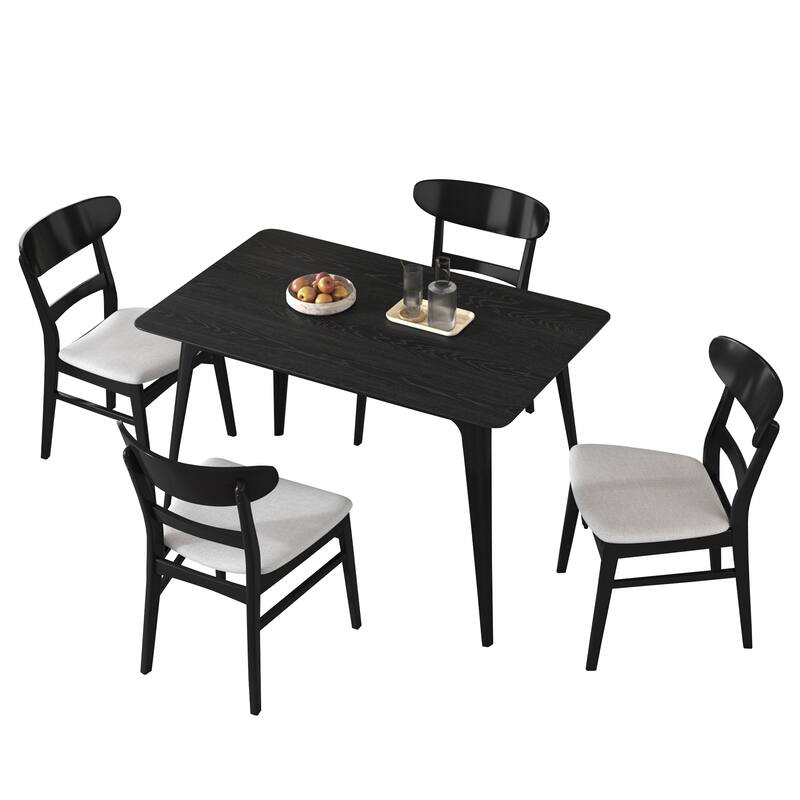 Mid-Century Modern 5-Piece Dining Set, Rubberwood Frame, One Table And 4 Upholstered Chairs