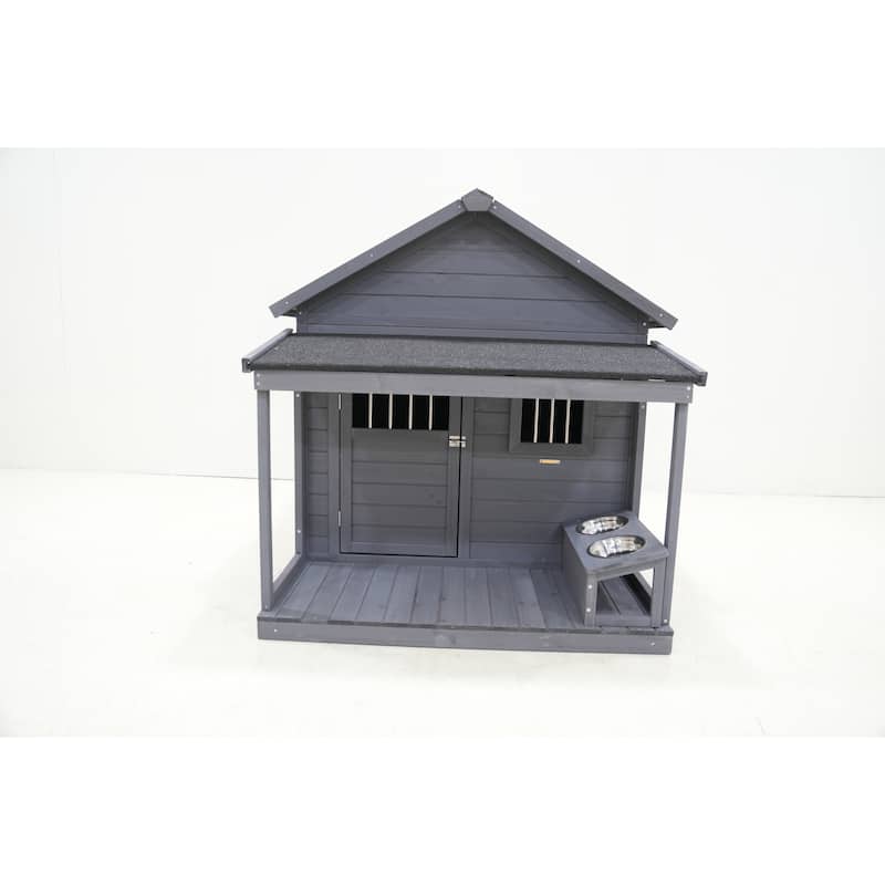 Large Dog House,44.2"L X 44.6"W X 44.6"D Solid Wood Asphalt Roof Dog House With Large Terrace, Weatherproof Large Dog House