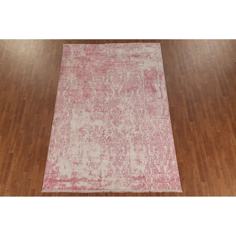 Striped Pink Abstract Modern Area Rug Hand-Knotted Wool Carpet - 6'5"x 9'8"