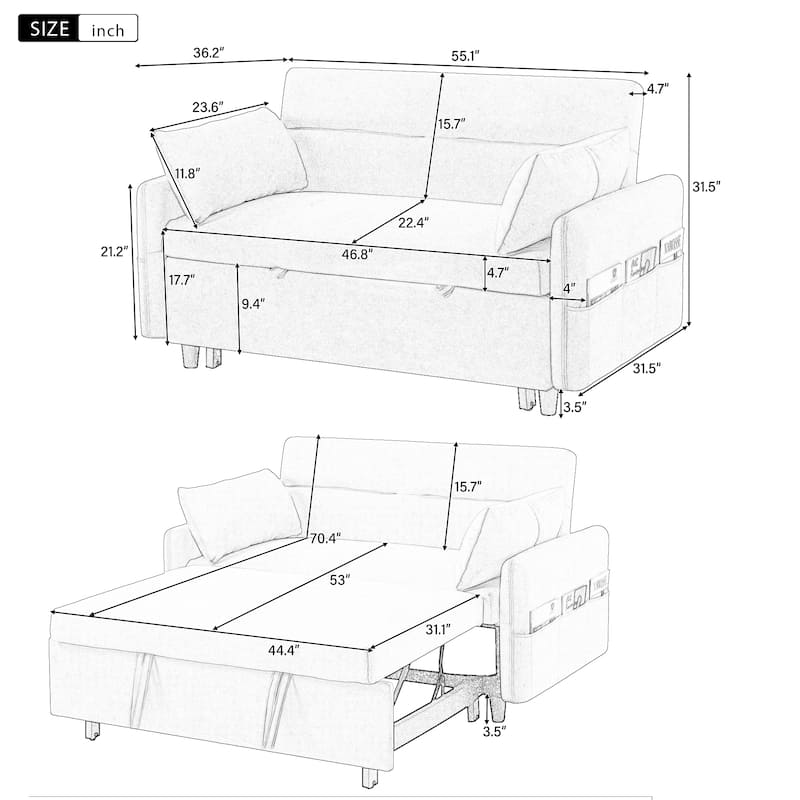 3-in-1 Pull Out Sofa Bed, Couch Bed with Adjsutable Back and Storage Pockets, 2 Seater Sofa with 2 Soft Pillows and USB Ports - Blue